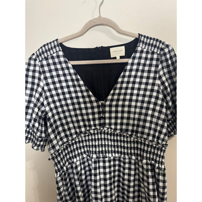 Sezane Black White Gingham Smocked Waist V-Neck Mini Dress Short Puff Sleeve 42