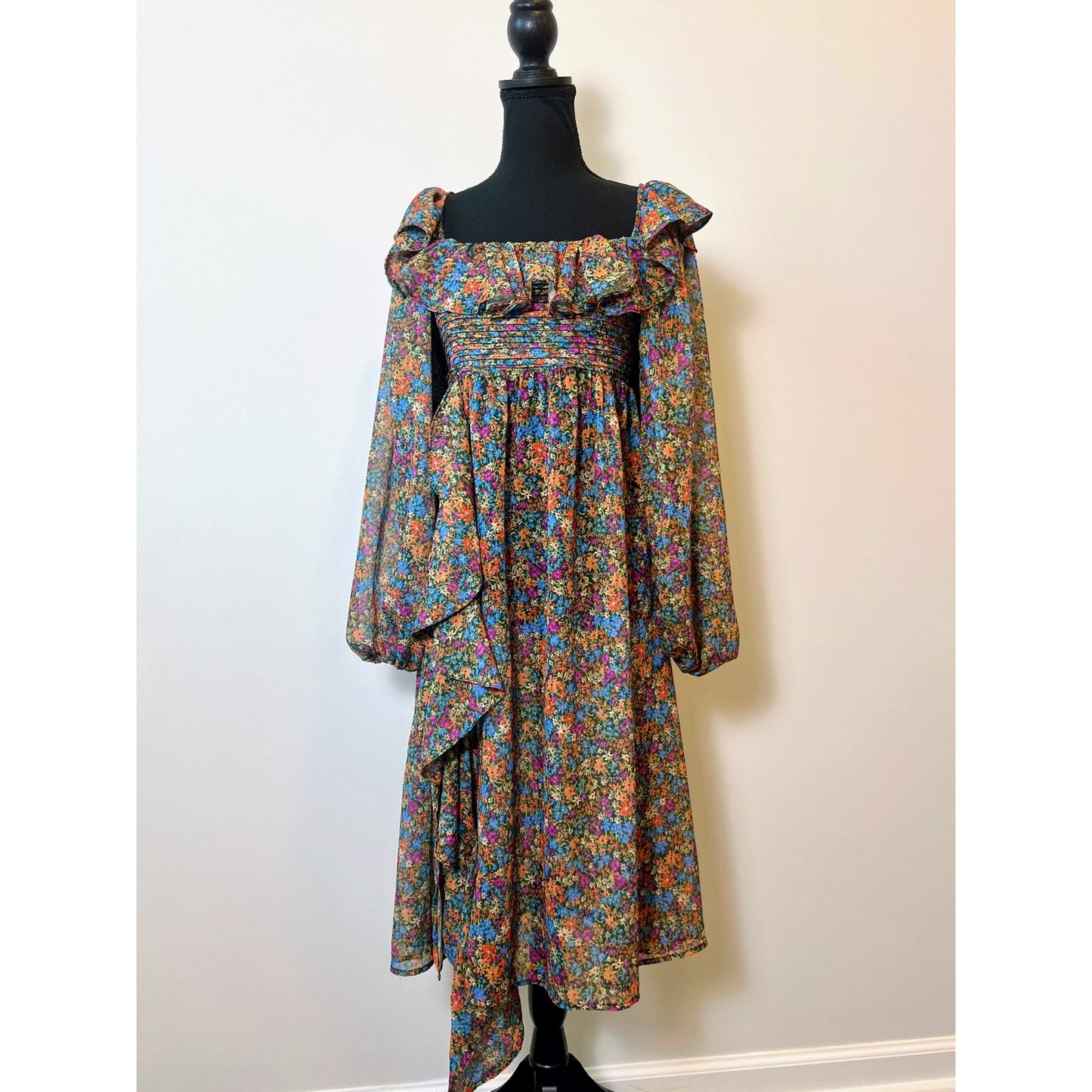 For Love & Lemons Brittany Midi Dress in Blue Size XS Ditsy Floral Long Sleeve