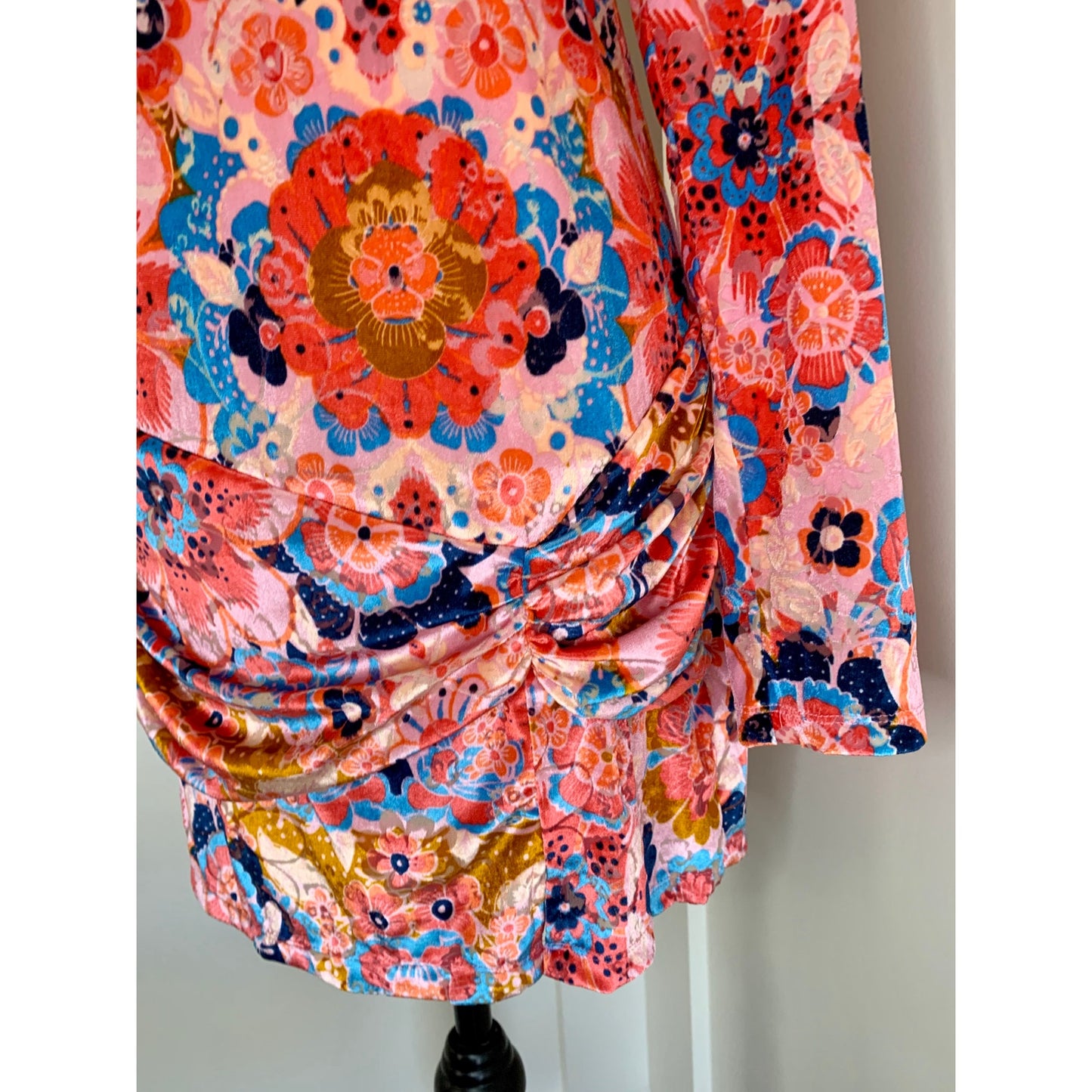 Free People Della Burnout Velvet Mini Dress in Pink Floral Medium Long Sleeve