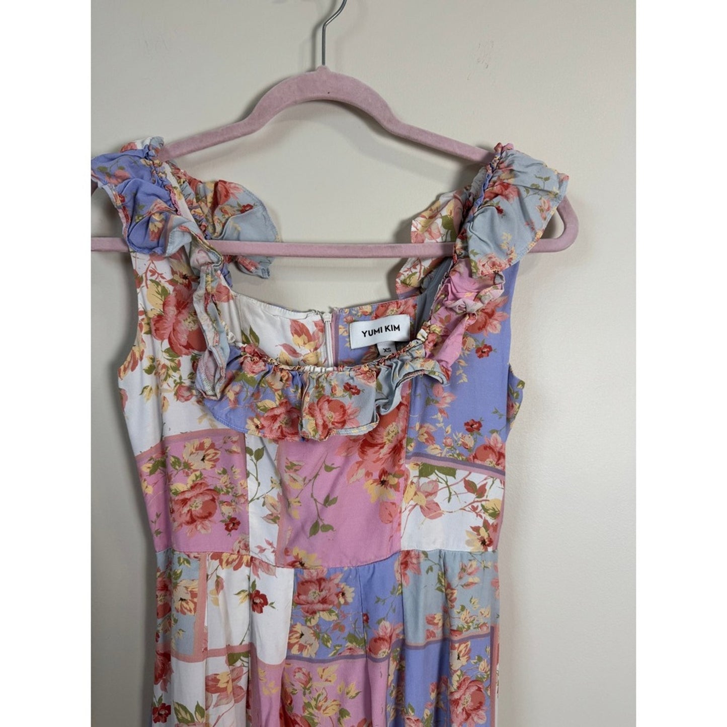 Yumi Kim Floral Patchwork Ruffle Midi Dress Pastel Pink Blue XS Garden Party
