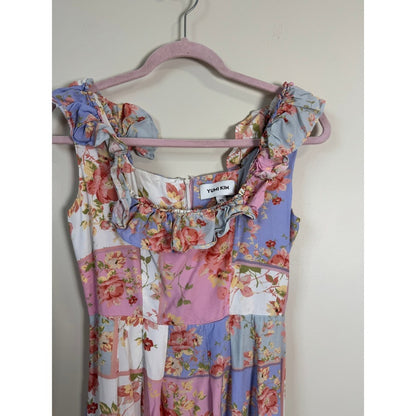 Yumi Kim Floral Patchwork Ruffle Midi Dress Pastel Pink Blue XS Garden Party