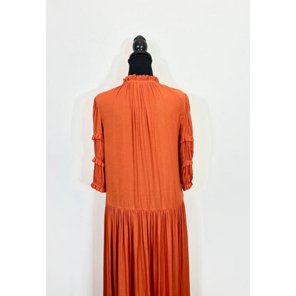 Rebecca Taylor Women's Pleated Sleeve Dress in Orange Size XS Midi A-Line V-Neck