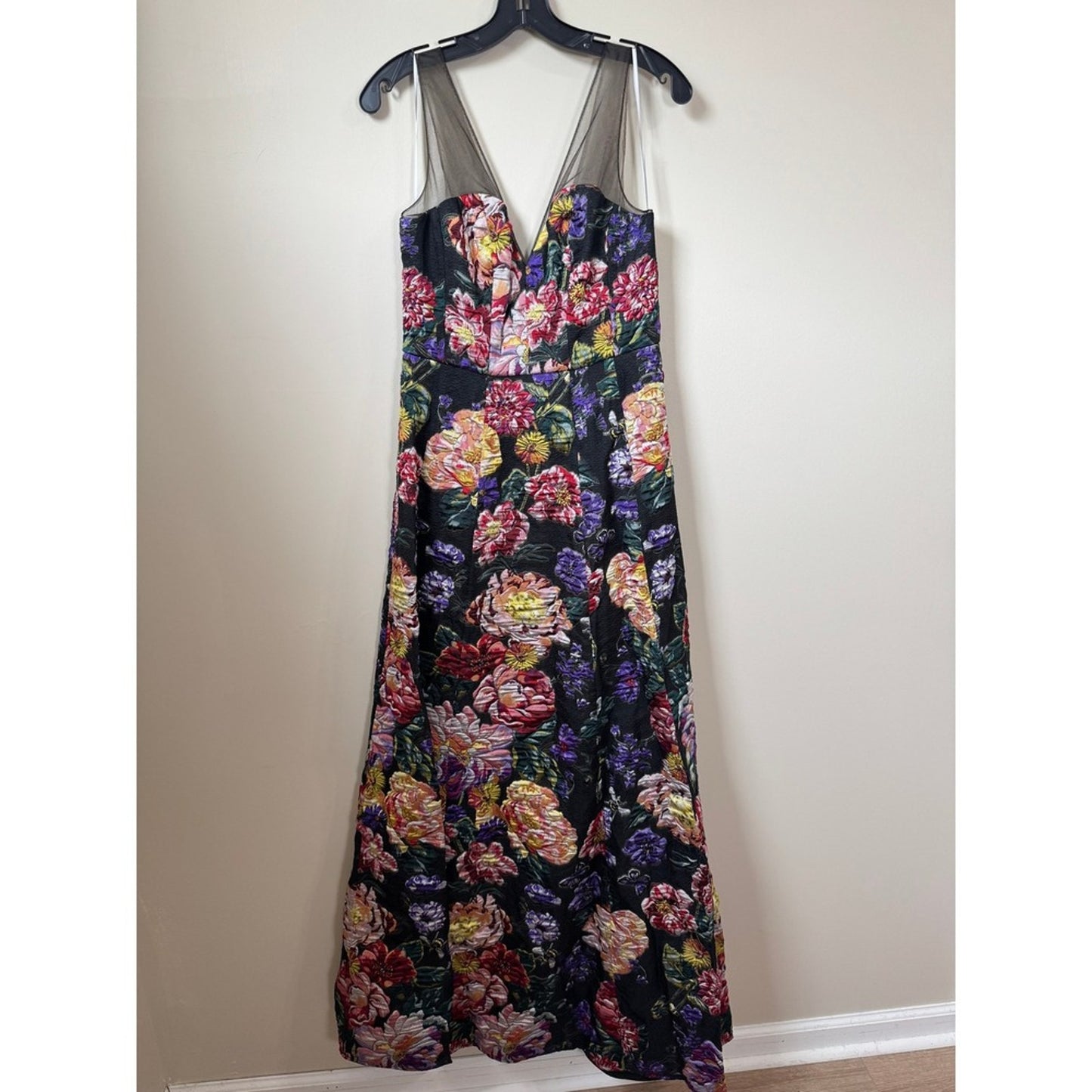 Marchesa notte Floral Jacquard Maxi Dress Sleeveless Mesh V-Neck Gown Multi