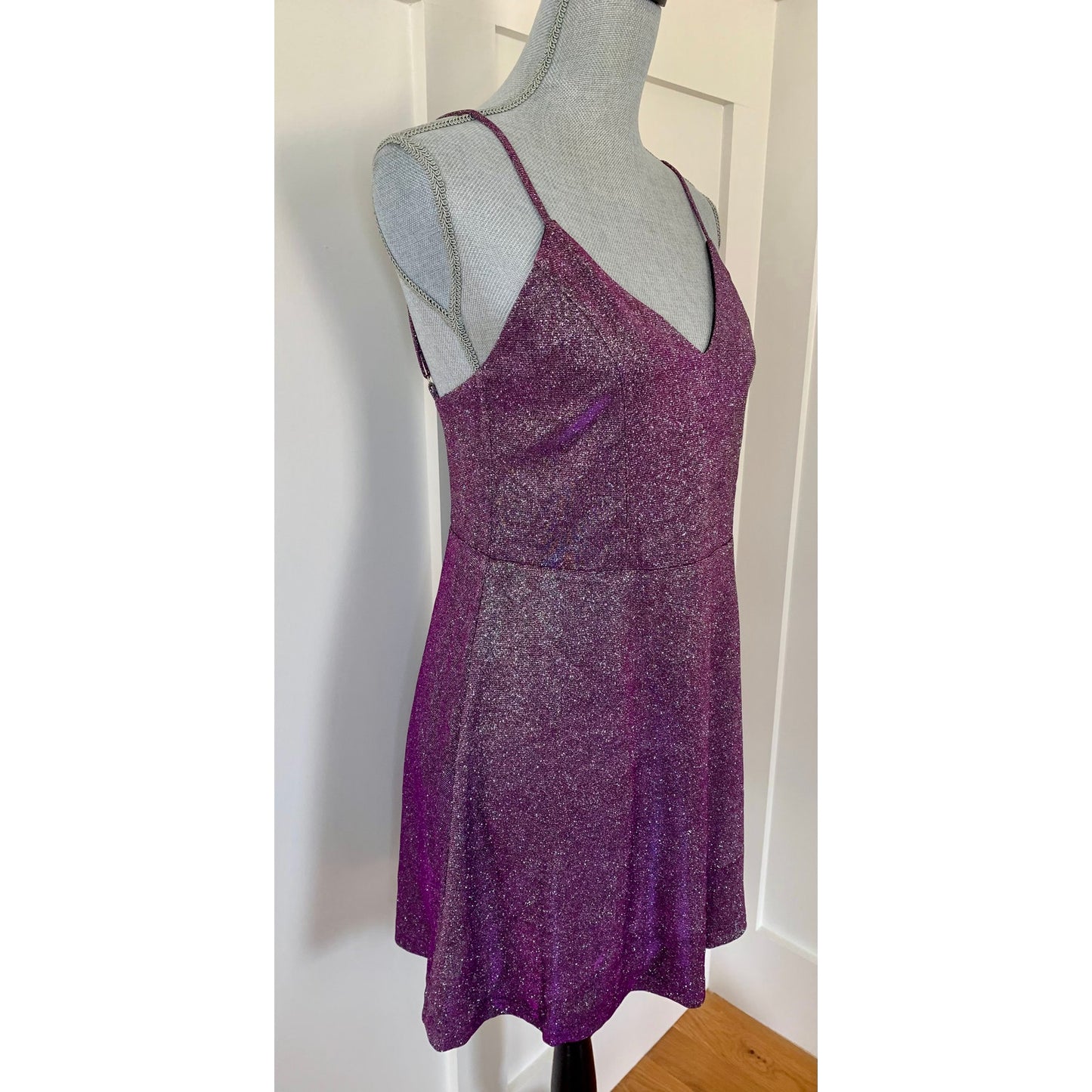 Lulus Glitter Mini Hoco Dress in Purple Metallic Large Spaghetti Strap V-Neck