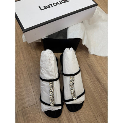 Larroude Black Satin Crystal Embellished T-Strap Flat Sandals Slingback New