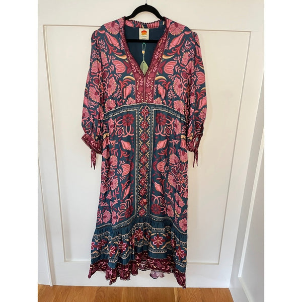 FARM Rio Mixed Prints Maxi Dress Long Sleeve V Neck Tiered Ruffled Hem Size L