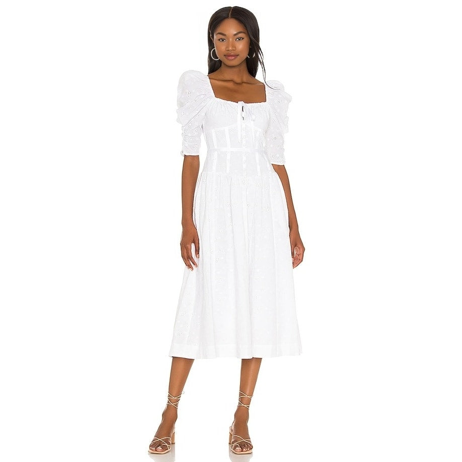 For Love And Lemons Jean Eyelet Corset Midi Dress in White Size XL 3/4 Sleeve