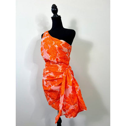 Showpo Brailey Mini Dress Orange Jacquard Size 4 Floral One Shoulder Wrap‎ Front