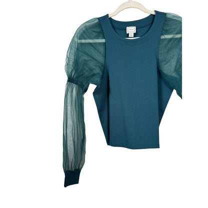 Maeve Anthropologie Teal Sheer Tulle Puff Sleeve Knit Top Crew Neck XS New