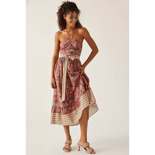Anthropologie Let Me Be Boho Halter Maxi Dress in Brown Motif Size XL Floral