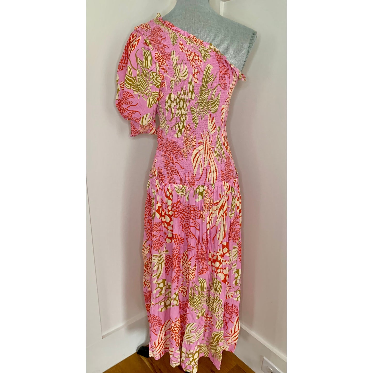 Farm Rio Mixed Lobsters Pink Midi Dress Medium One Shoulder Printed Pullover