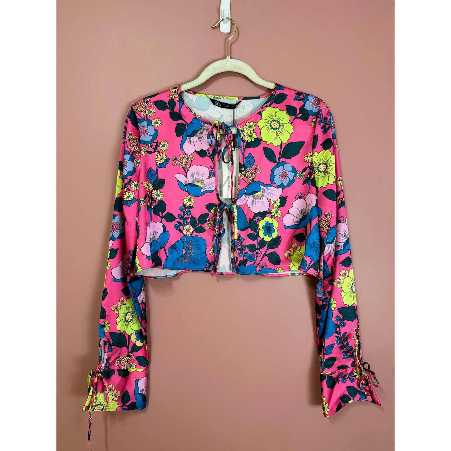 Zara Tie-Front Floral Print Satin Effect Top Size Large