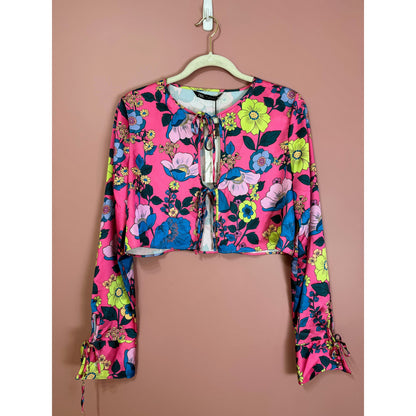 Zara Tie-Front Floral Print Satin Effect Top Size Large