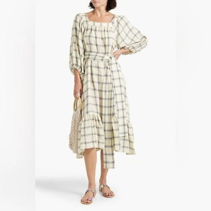 Lisa Marie Fernandez Cream Navy Check Linen Blend Balloon Sleeve Midi Dress NEW