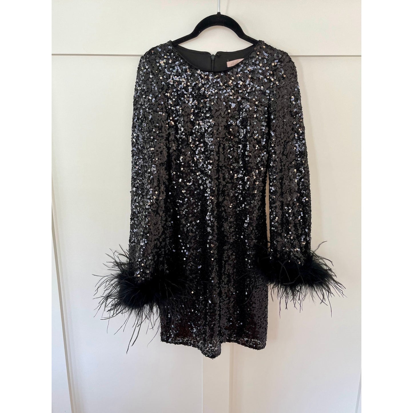 NEW Hutch Long Sleeve Mini Sequin Dress with Feather Cuffs Black Size XXS
