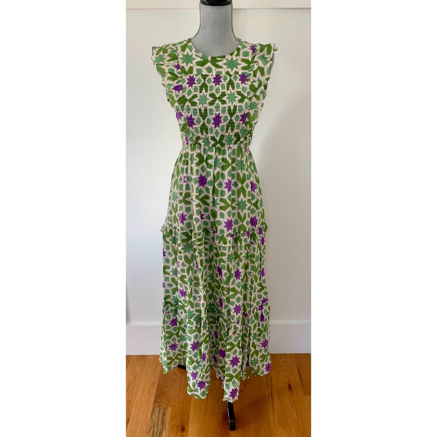 Banjanan Iris Smocked Ruffle Midi Dress in Star Gazer Jade Medium Lined Cotton