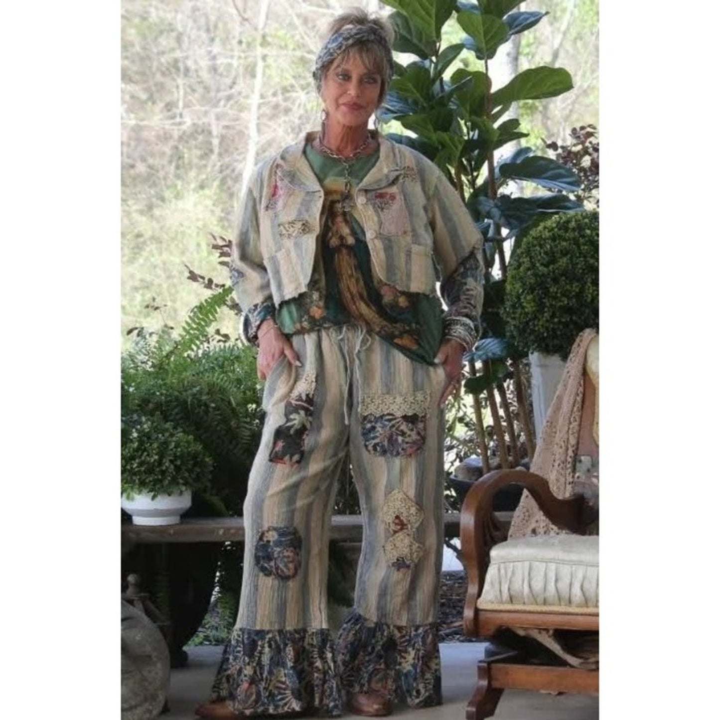 Jaded Gypsy Striped Patchwork Lace Ruffle Wide Leg Pants Blue Cream Boho