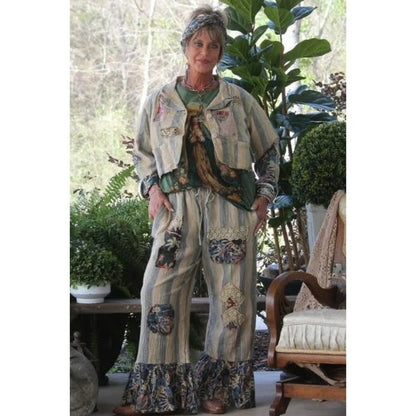 Jaded Gypsy Striped Patchwork Lace Ruffle Wide Leg Pants Blue Cream Boho