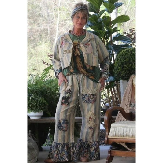 Jaded Gypsy Striped Patchwork Lace Ruffle Wide Leg Pants Blue Cream Boho