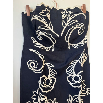 La Linge Sophia Dress Strapless Embroidered Linen Midi Black Ivory Size4