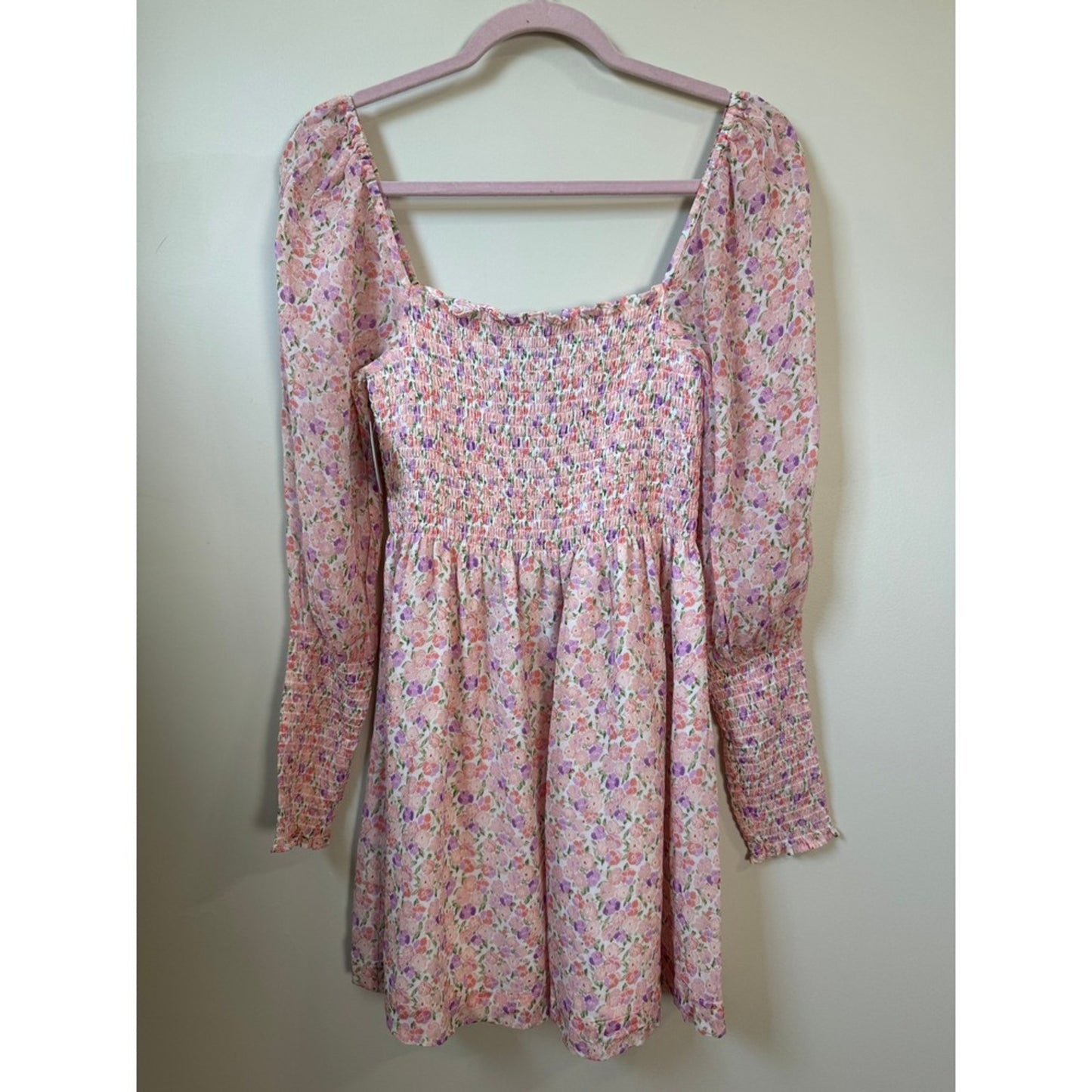 Hill House Home Grace Nap Dress Pink Purple Floral Smocked Long Sleeve Mini NEW