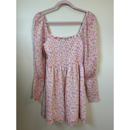 Hill House Home Grace Nap Dress Pink Purple Floral Smocked Long Sleeve Mini NEW