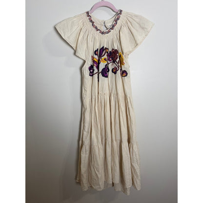 Ulla Johnson Embroidered Tiered Midi Dress Ruffled Neckline Flutter Sleeve