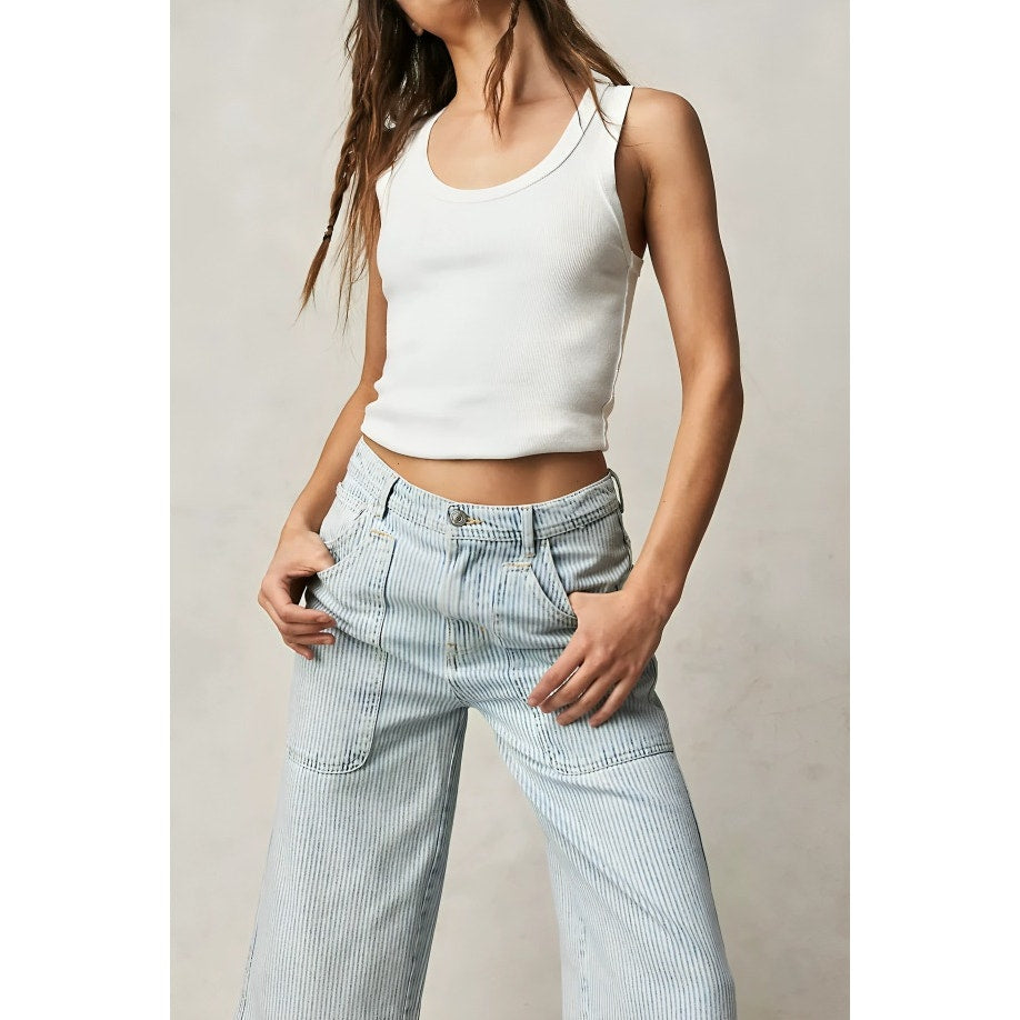 We The Free X Free People Piper Mid-Rise Crop Wide-Leg Jeans Size 25 Blue Stripe