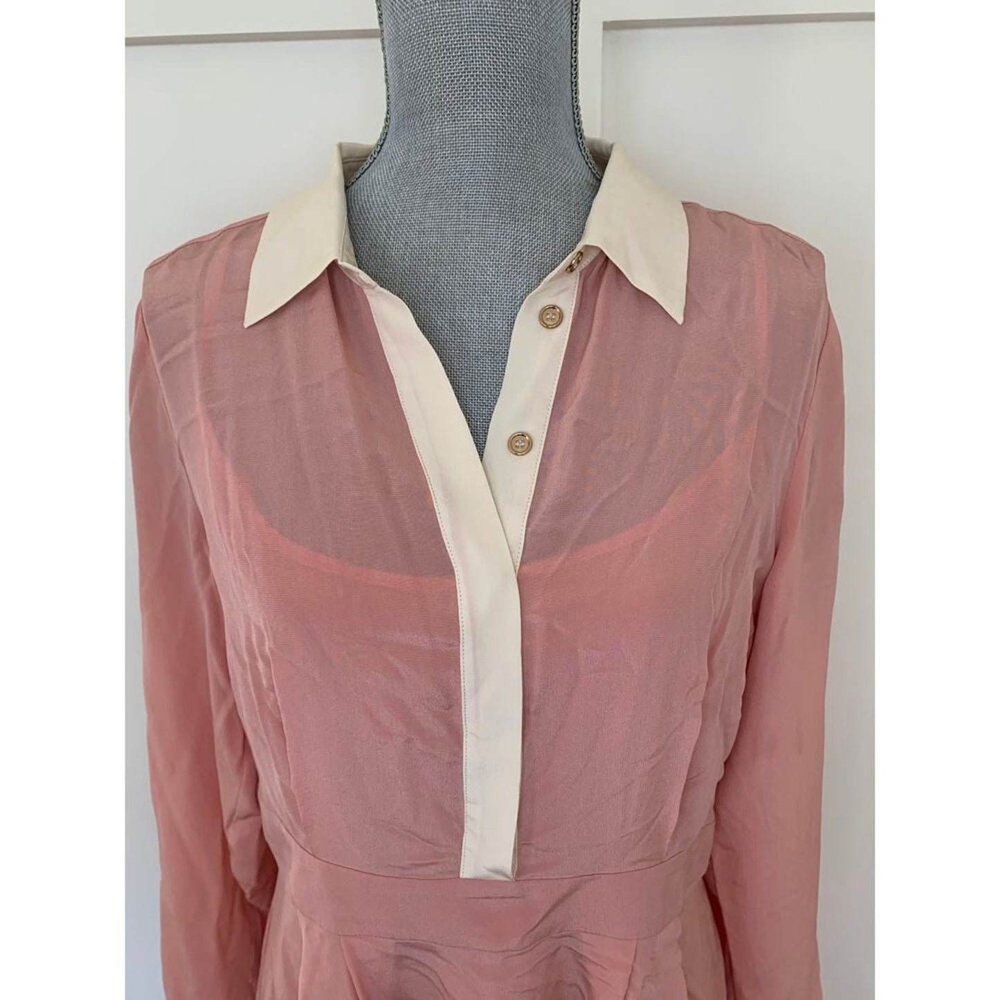 Karen Millen Colour Block Silk Satin Long Sleeve Dress Pink Size 14 Button Front