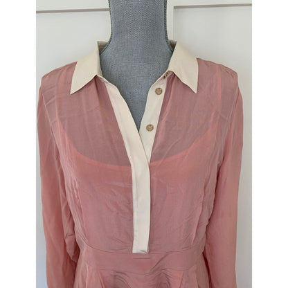 Karen Millen Colour Block Silk Satin Long Sleeve Dress Pink Size 14 Button Front