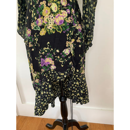 For Love & Lemons Hi-Low Dress in Black Floral Small Long Sleeve Open Tie Back
