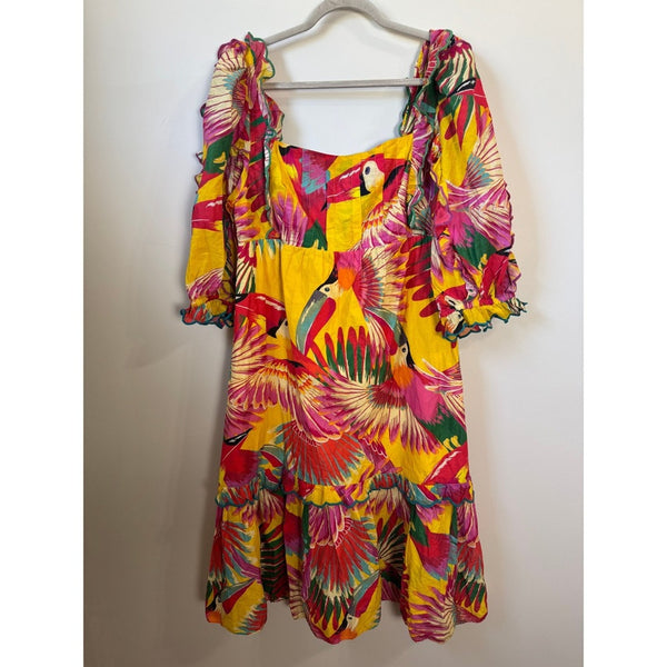 Farm Rio Yellow Tropical Toucan Print Puff Sleeve Ruffle Midi Dress Size L