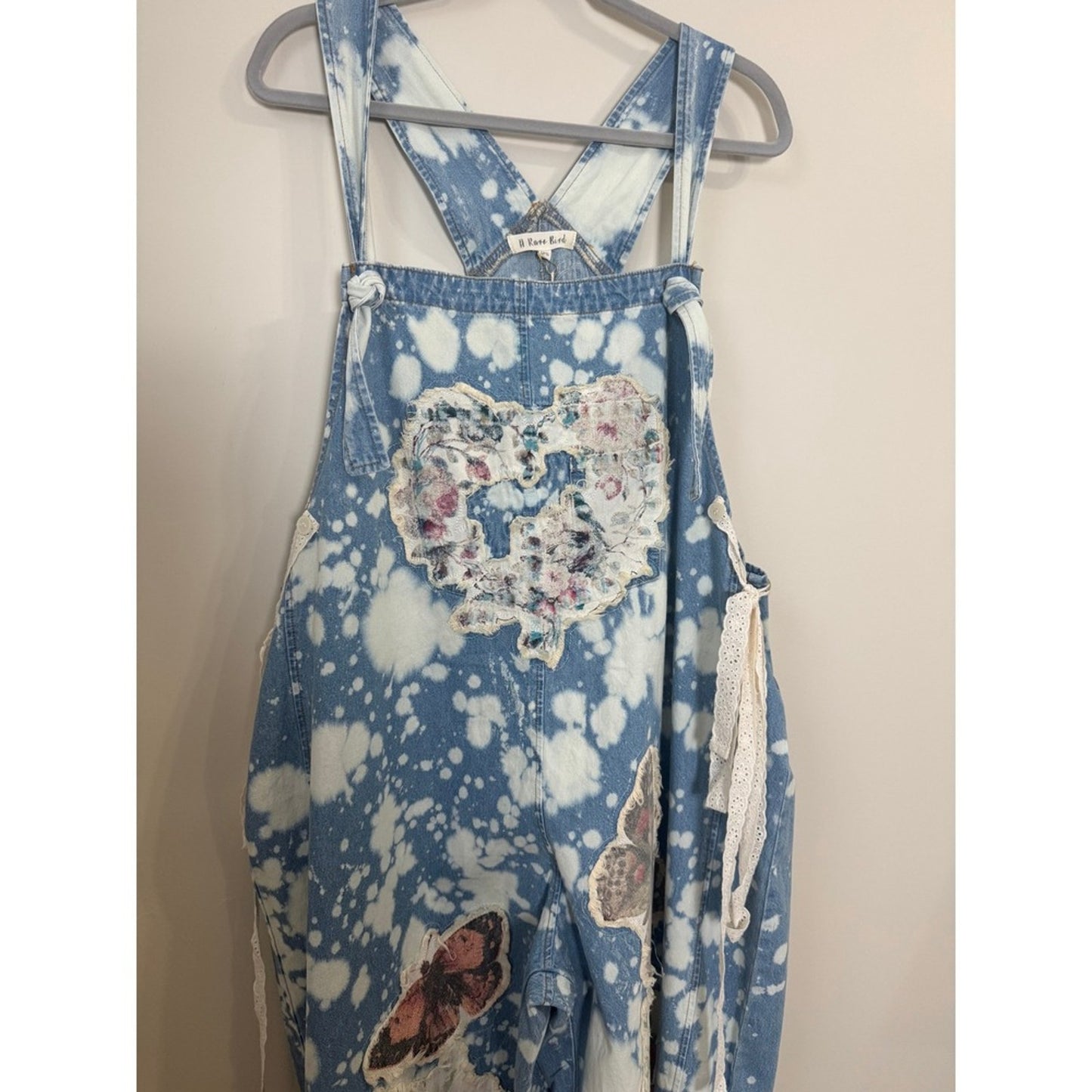 A Rare Bird Shop Custom Denim Overalls Acid Wash Floral Butterfly Lace Heart OS