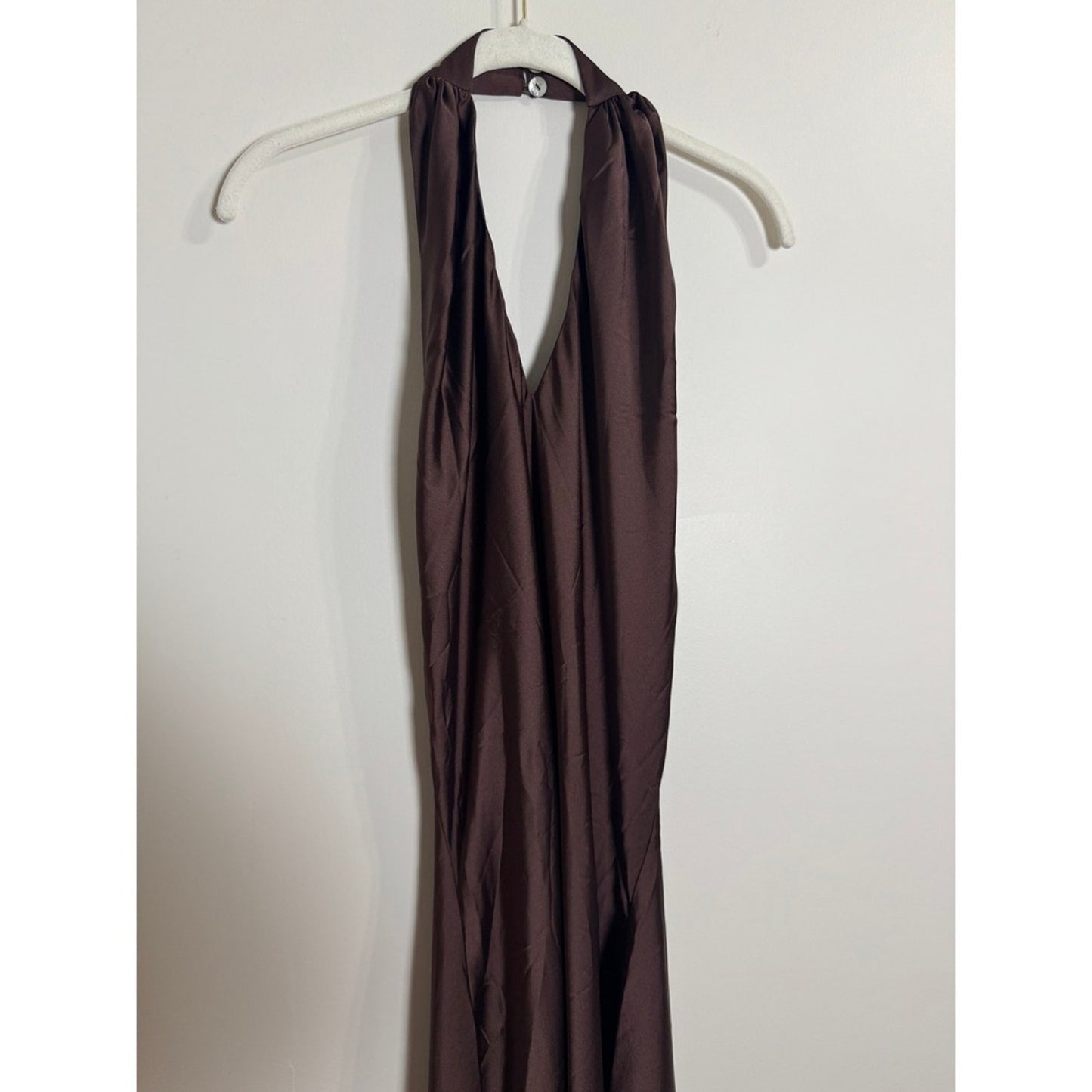 Show Me Your Mumu Brown Satin Halter Maxi Dress Open Back Evening Gown Espresso