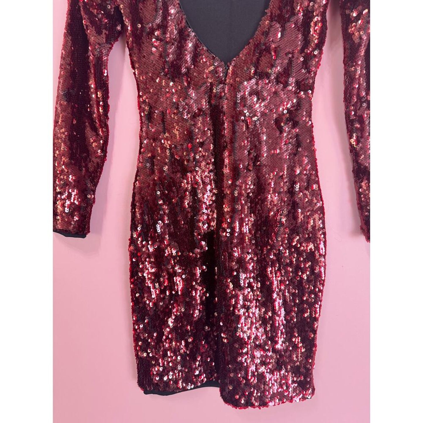 Dress The Population‎ Lola Long Sleeve Red Sequin Mini Dress Size XS