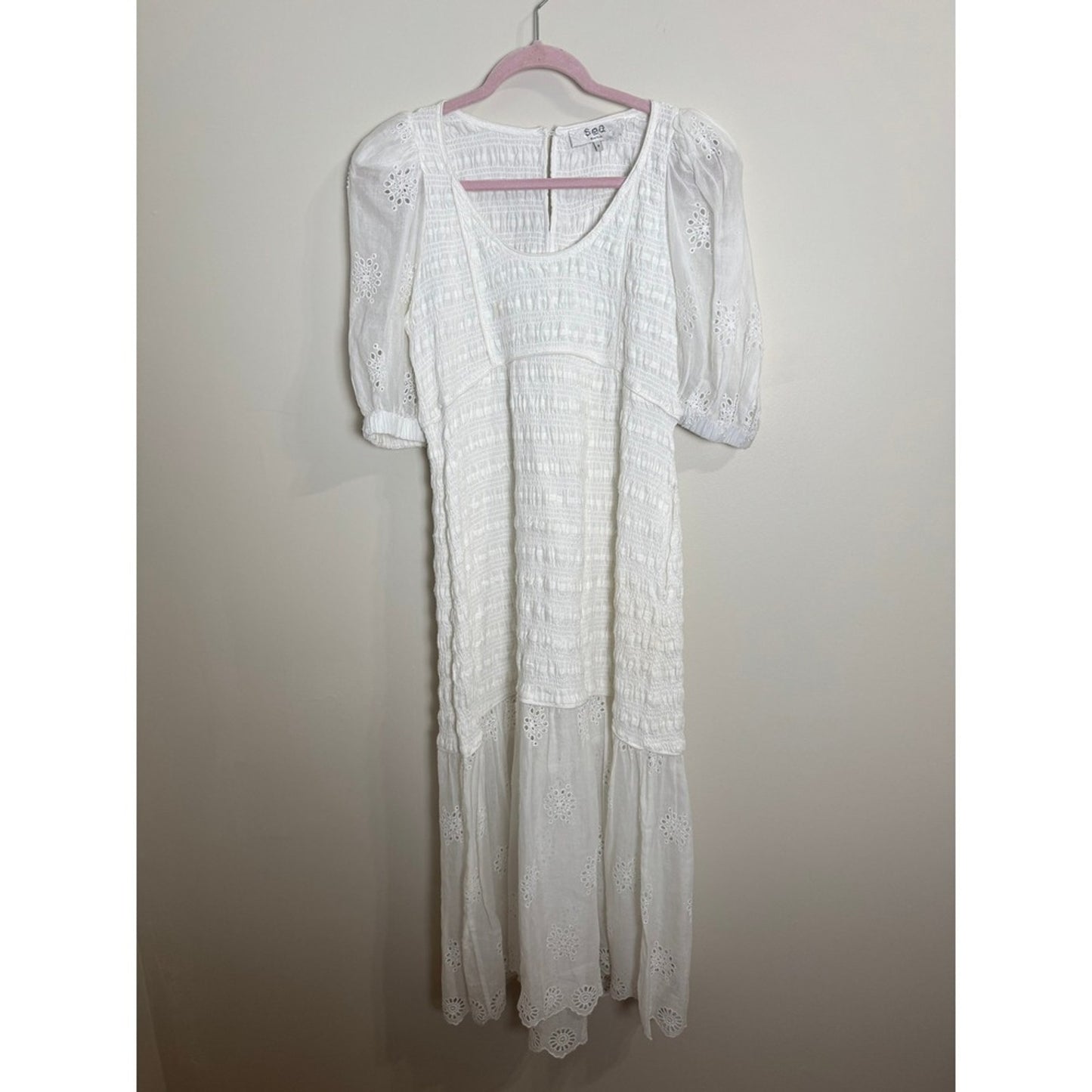 SEA NY White Eyelet Puff Sleeve Smocked Midi Dress