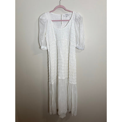 SEA NY White Eyelet Puff Sleeve Smocked Midi Dress