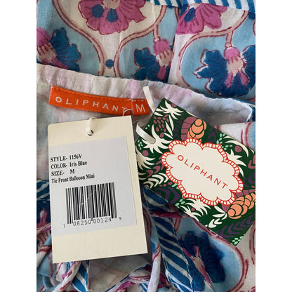Oliphant Tie Front Balloon Mini Dress Iris Blue Medium Floral Print Long Sleeve