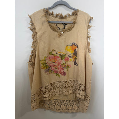A Rare Bird Tan Bird Floral Butterfly Crochet Lace Trim Frayed Boho Top