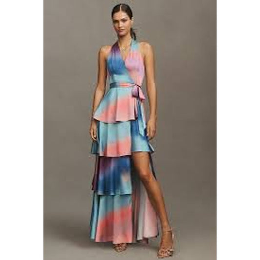 NEW NWT Hutch Satin Paige Wrap Maxi Tiered Ruffle Dress Multi Size Medium