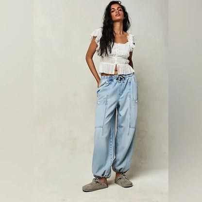 Free People Bright Eyed Low Slung Pull on Barrel Jeans Size Large