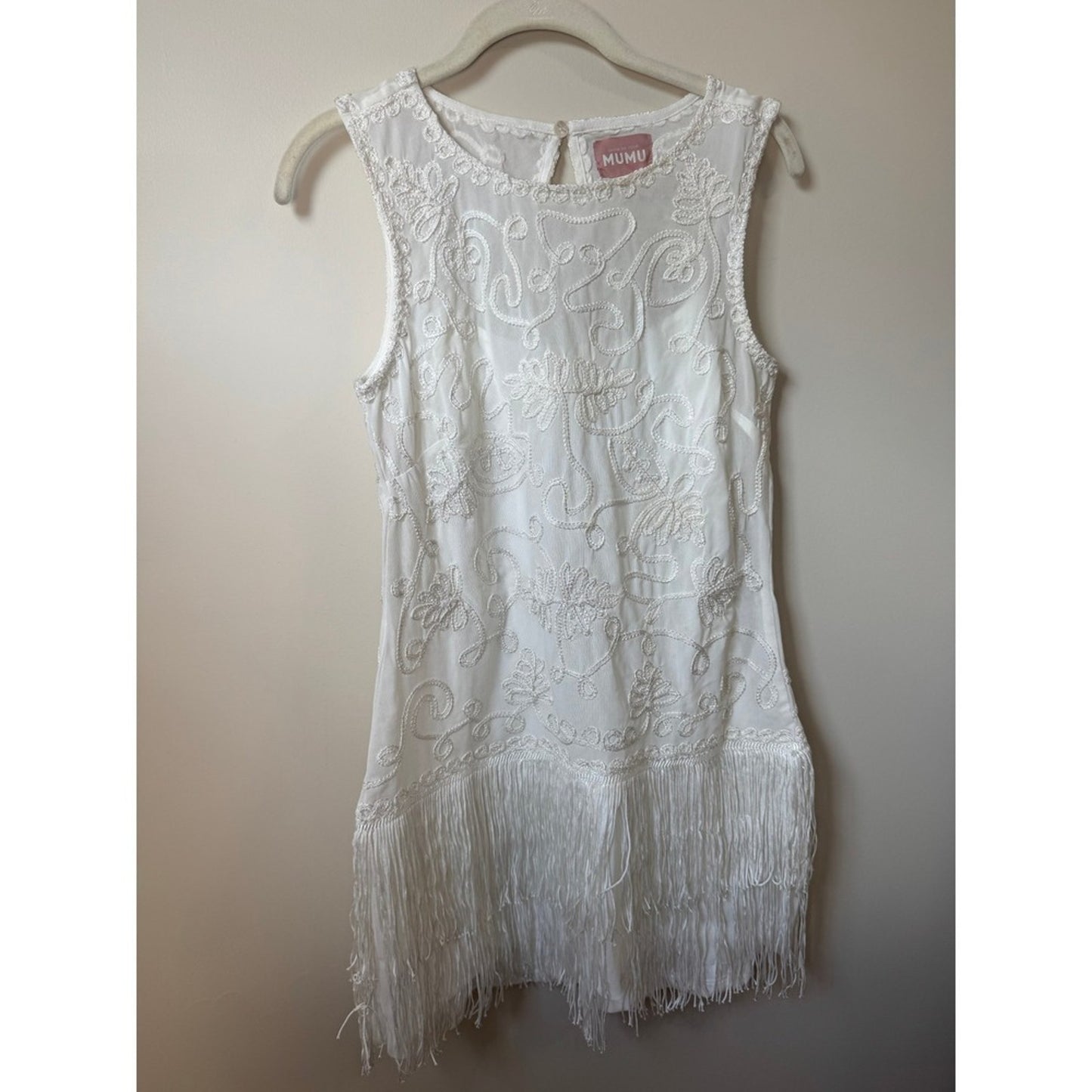 Show Me Your Mumu White Embroidered Fringe Mini Dress Sleeveless Flapper Bridal