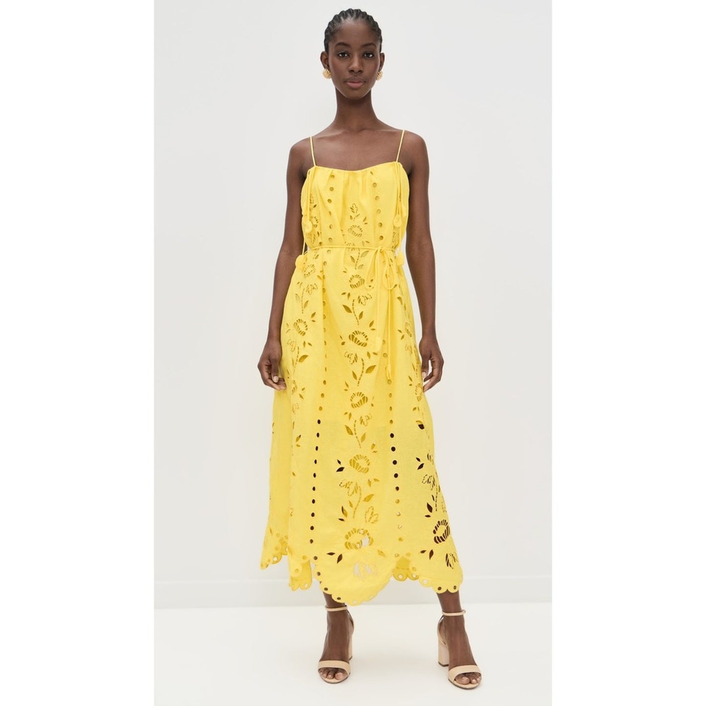 Farm Rio Yellow Floral Eyelet Midi Dress Scalloped Hem Tie Waist NWT