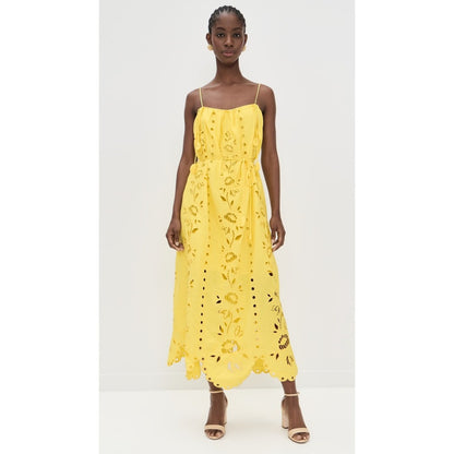 Farm Rio Yellow Floral Eyelet Midi Dress Scalloped Hem Tie Waist NWT