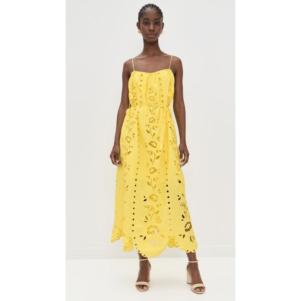 Farm Rio Yellow Floral Eyelet Midi Dress Scalloped Hem Tie Waist NWT