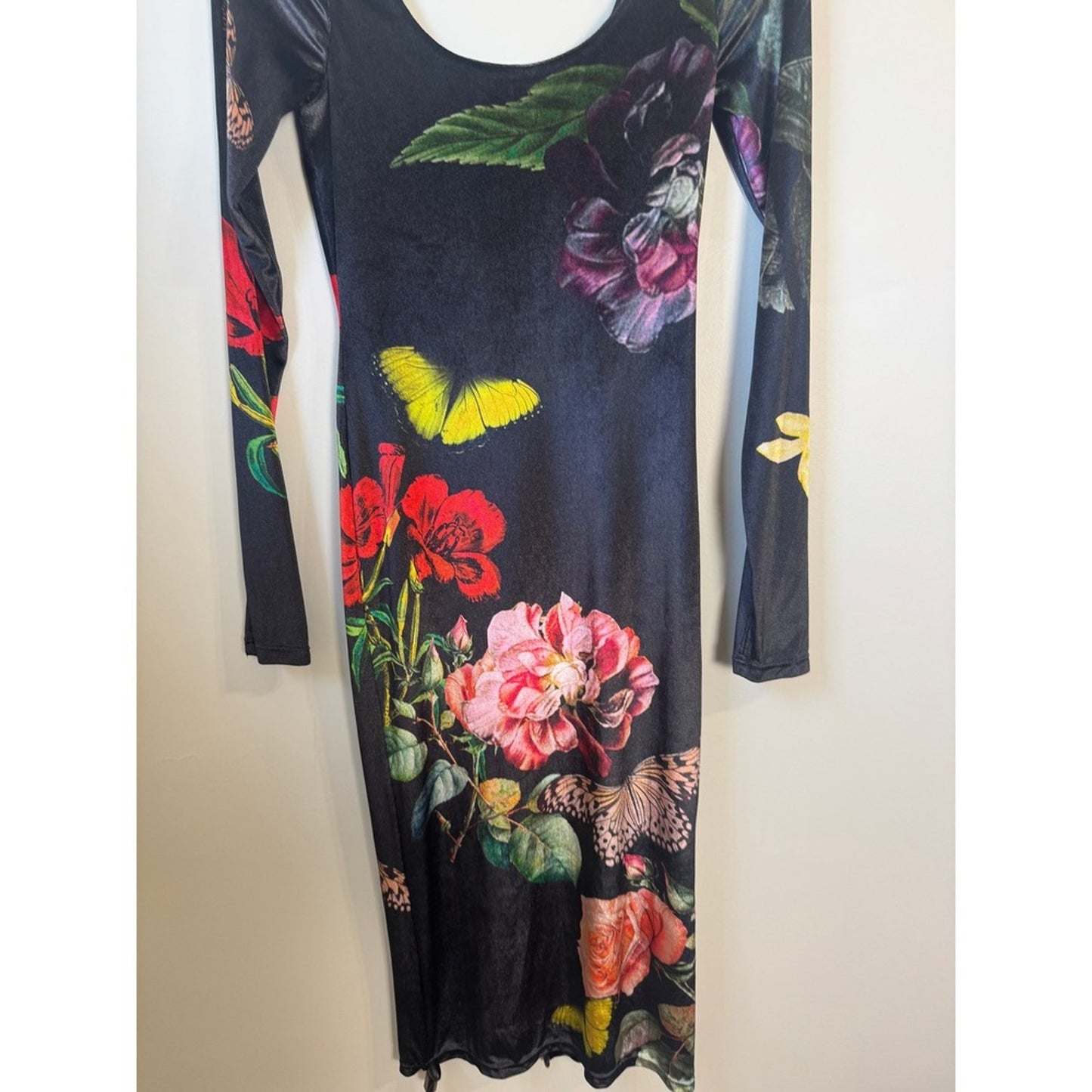 Alice + Olivia Delora Floral Butterfly Midi Dress Black Long Sleeve Scoop Neck