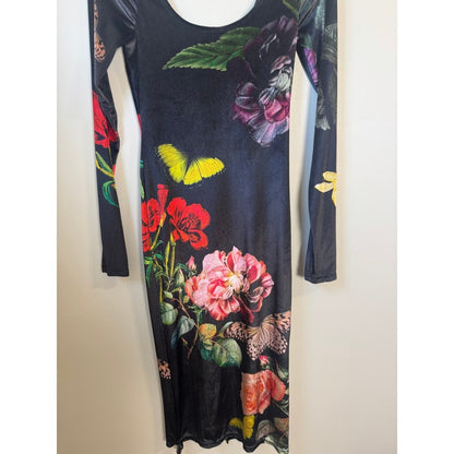Alice + Olivia Delora Floral Butterfly Midi Dress Black Long Sleeve Scoop Neck