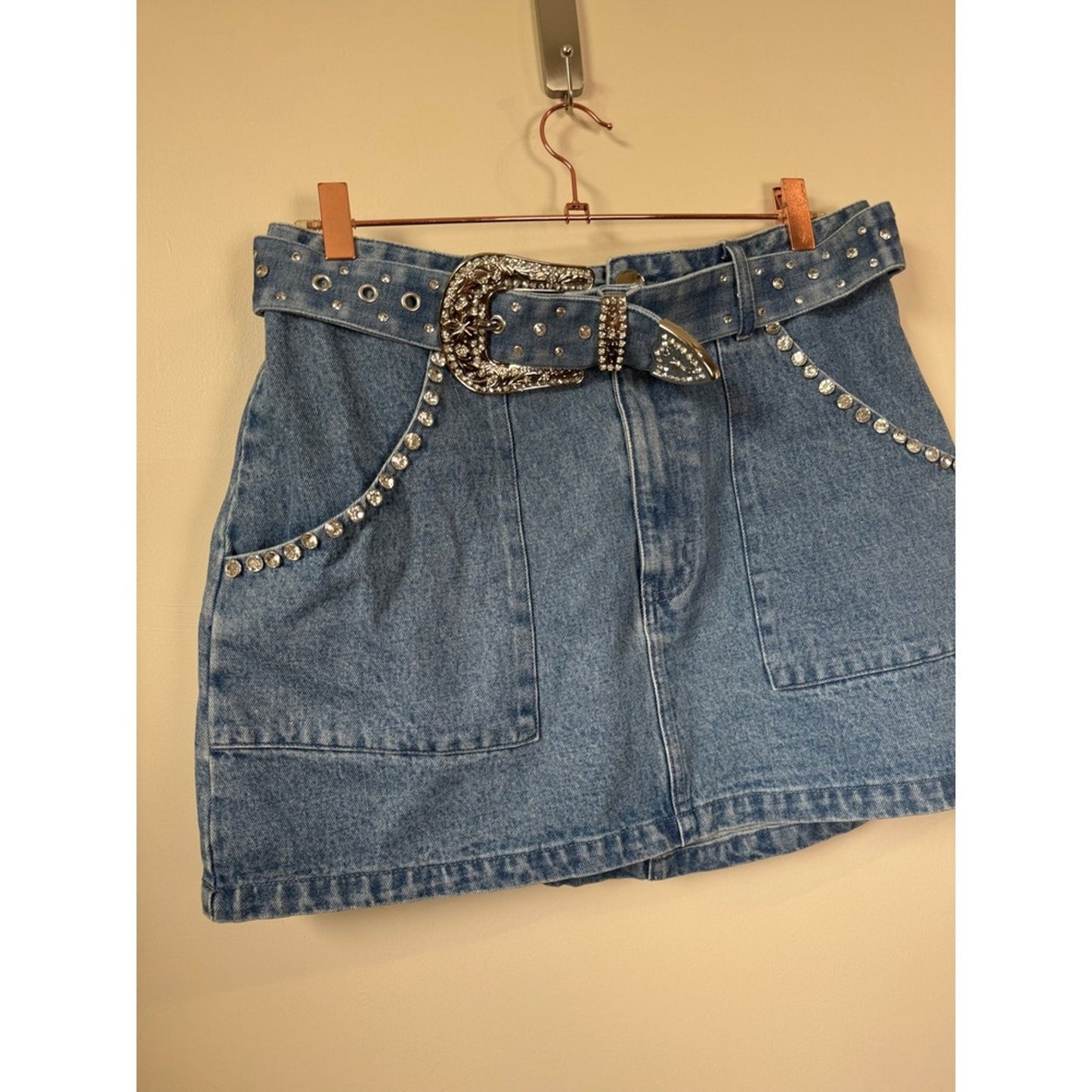 Show Me Your Mumu Denim Mini Skirt Rhinestone Belted Blue Western Women Large