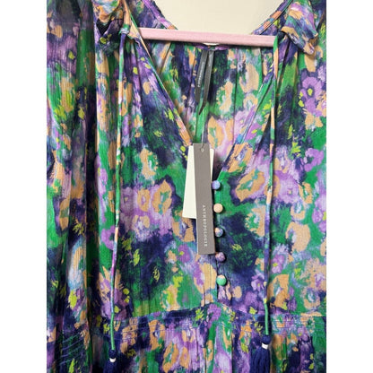 Anthropologie Tiered Floral Maxi Dress Purple Green Boho  V-Neck Long Sleeve