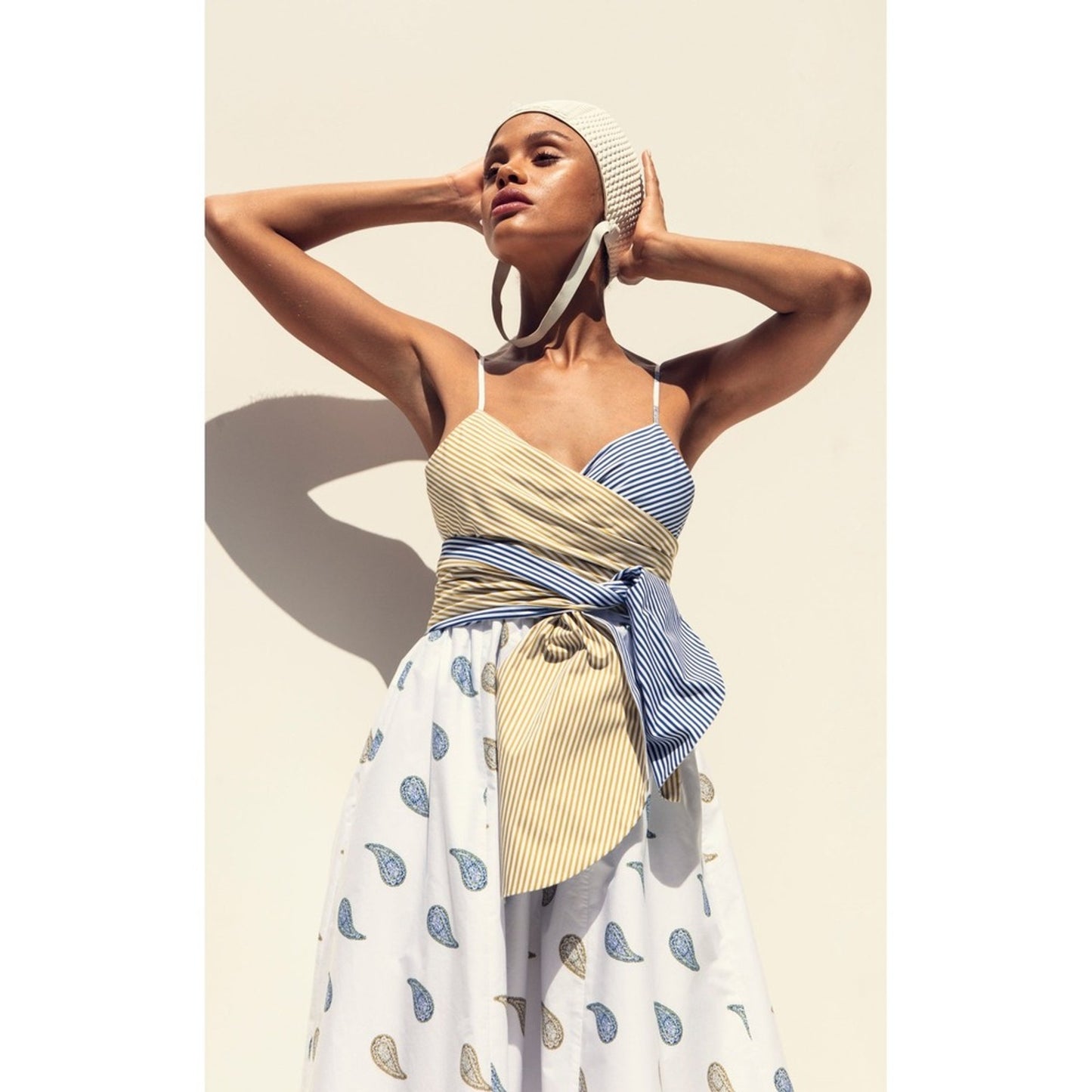Silvia Tcherassi Mixed Print Paisley Striped Wrap Midi Dress White Blue Olive